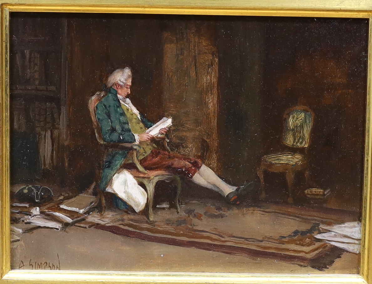 A. Simpson (c.1900), oil on panel, 18th century gentleman reading, signed, 14 x 19cm, ornate gilt frame